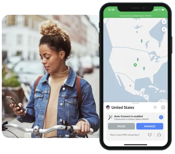 a woman using her NordVPN VPN on her cell phone